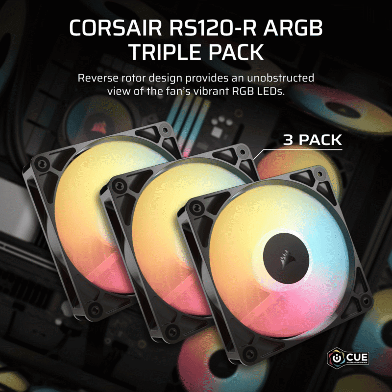 corsair rs120 r argb 120mm pwm reverse fans triple pack black