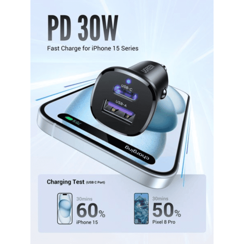 ugreen car charger fast charging 30w 2ports