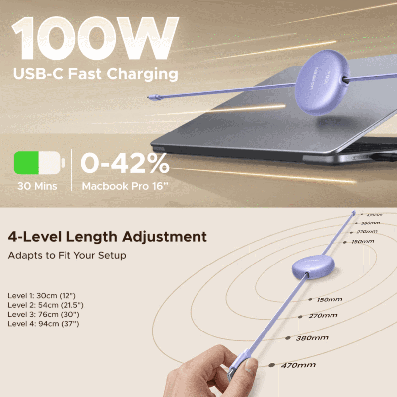 ugreen 100w fast charging retractable usb type c cable 1m purple